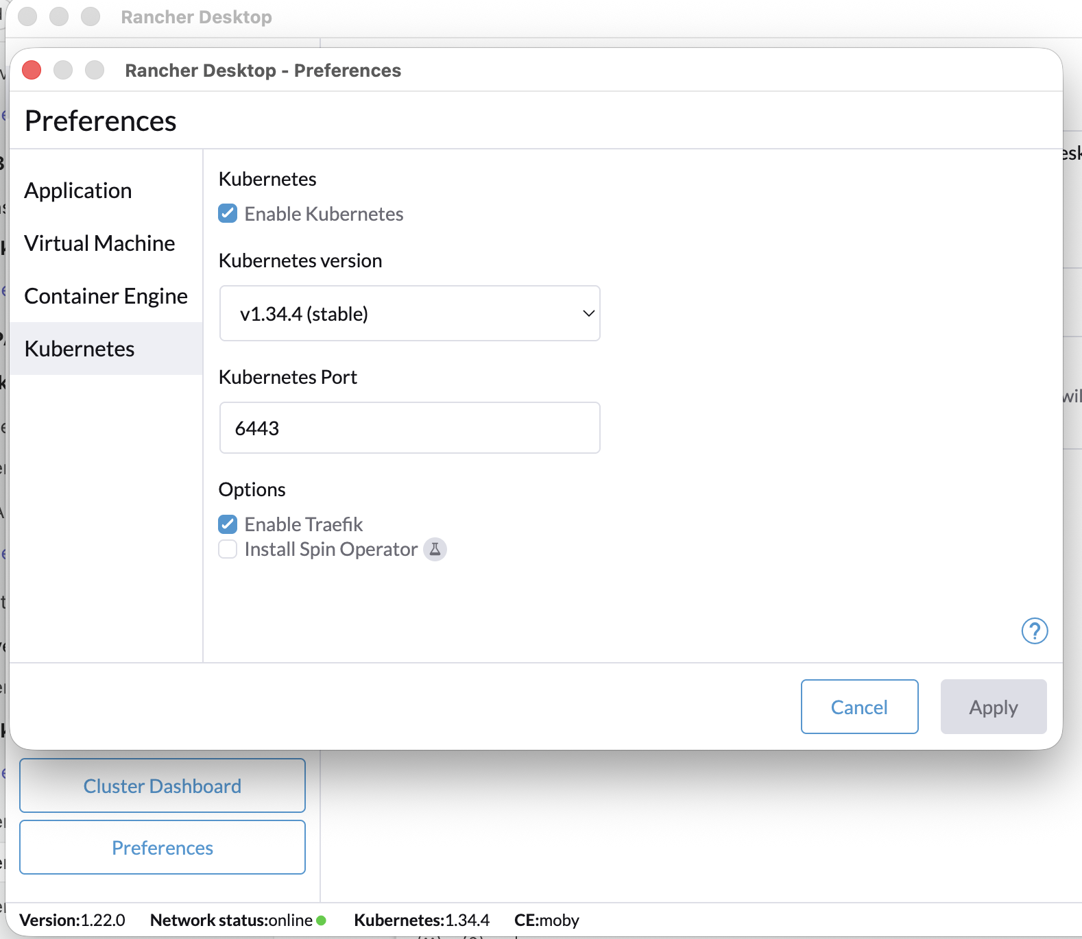 Enable Kubernetes in Rancher Desktop Preferences